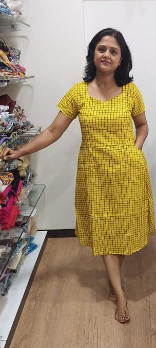 Yellow Flex Cotton Knee Length One Piece