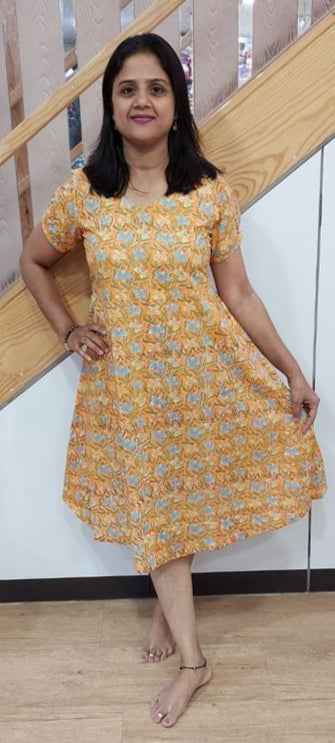 Orange Cotton Knee Length One Piece