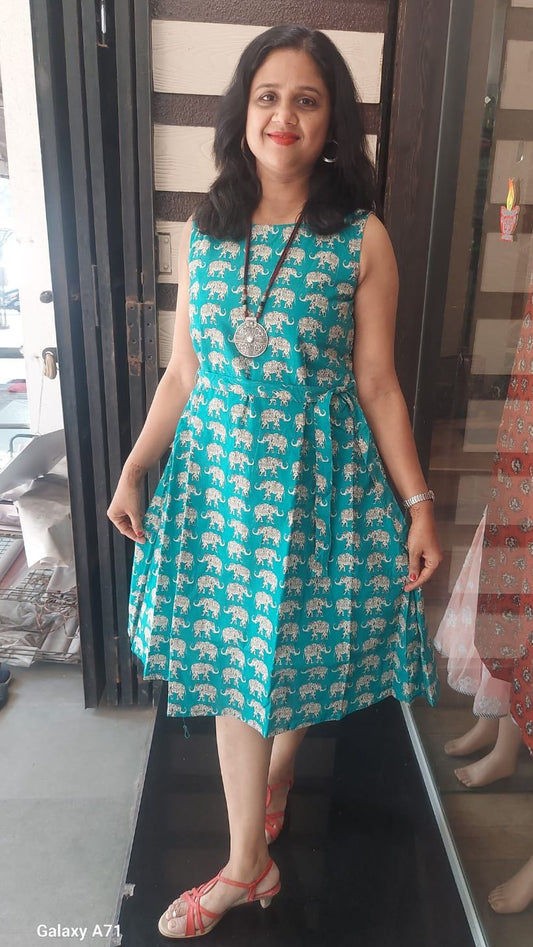 Sea Green Cotton Knee Length One Piece