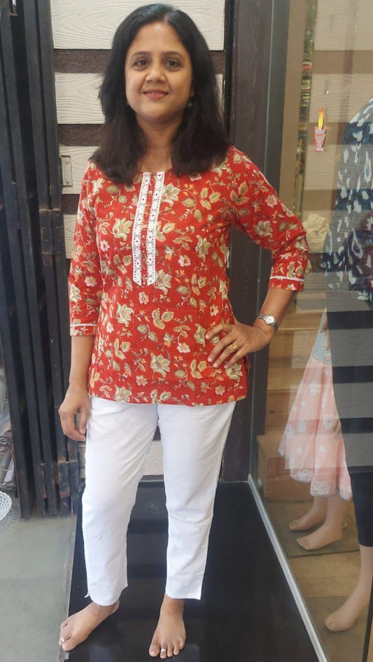 Red Handblock Printed Short Top