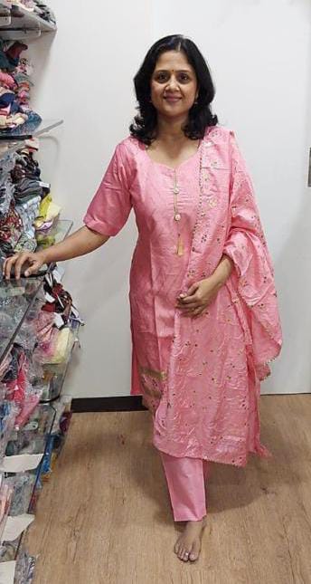 Pink Cotton Silk Full Suit With Dupatta