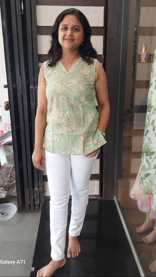 Pista Green Lurex Cotton Sleeveless Short Top