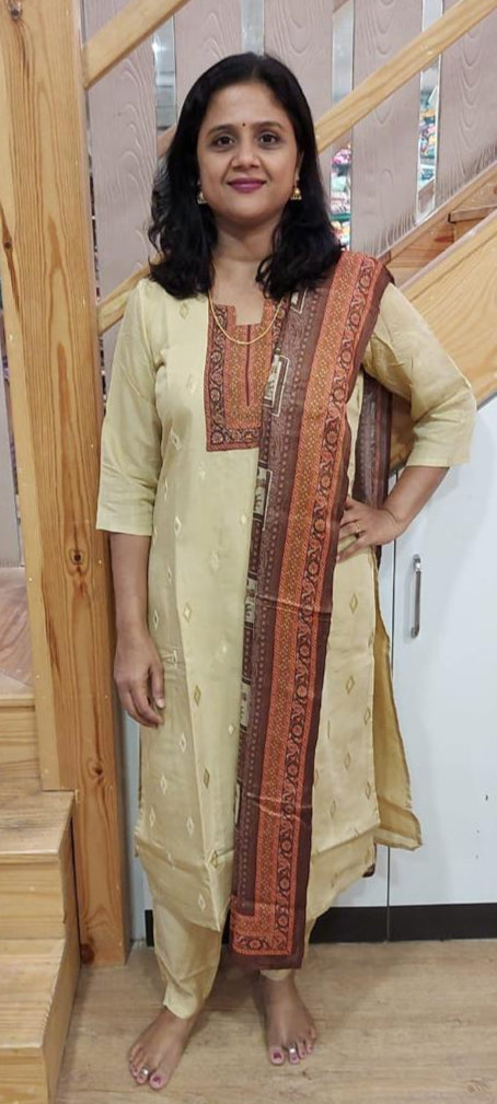 Beige Muslin Full Suit With Dupatta