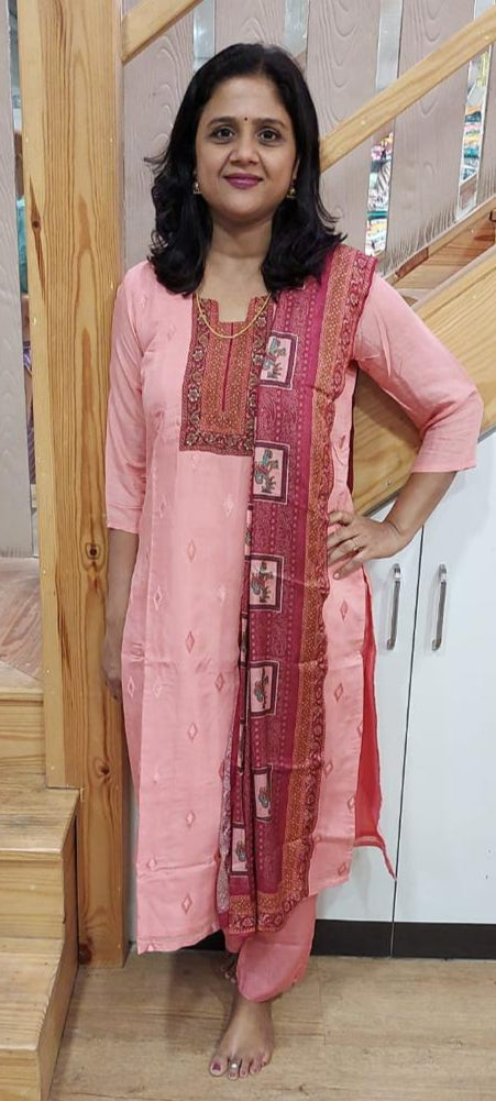 Peach Muslin Full Suit With Dupatta