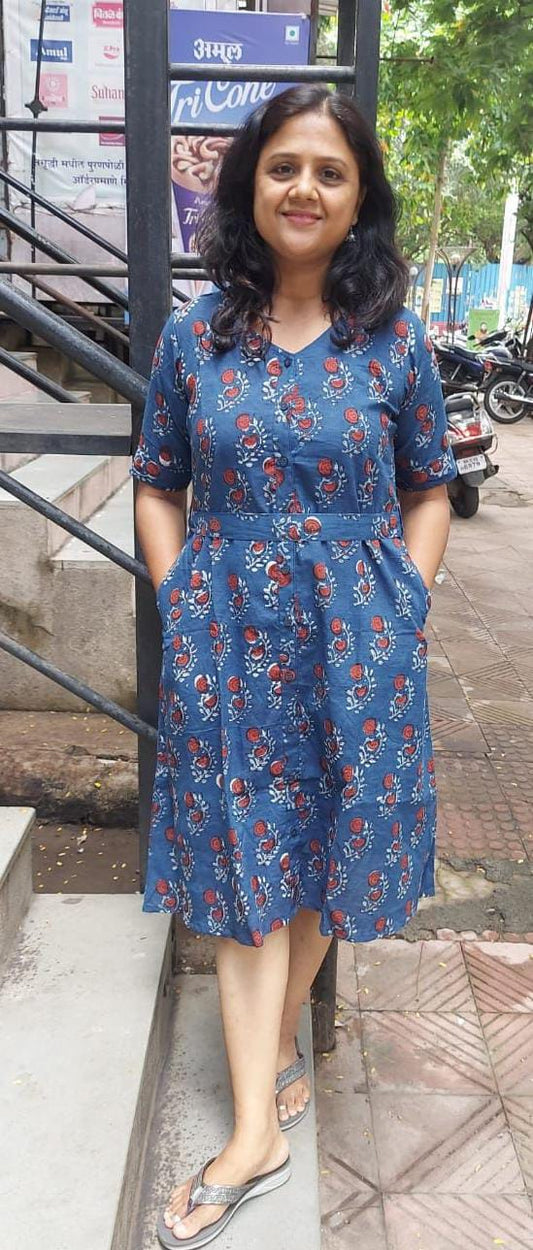 Block Printed Indigo front open One Piece