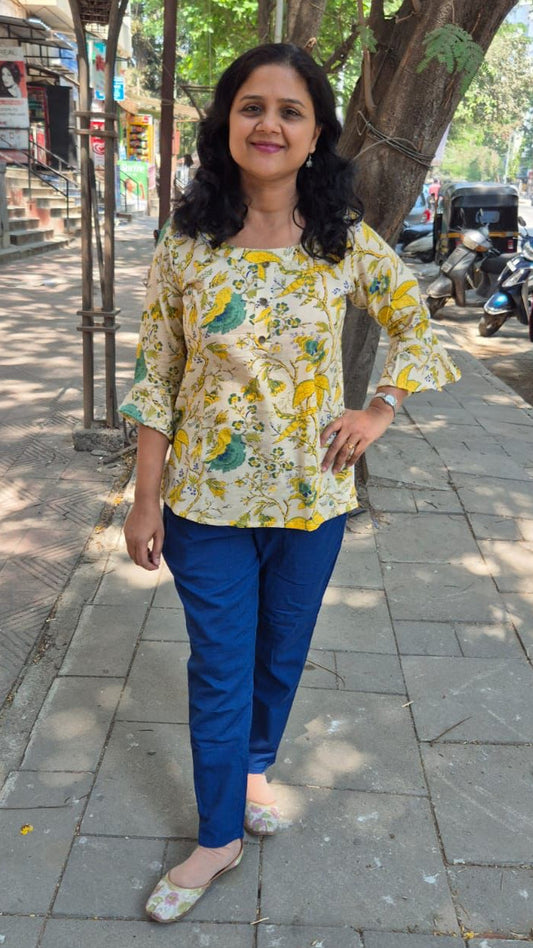 Cream & Yellow Printed Cotton Short Top