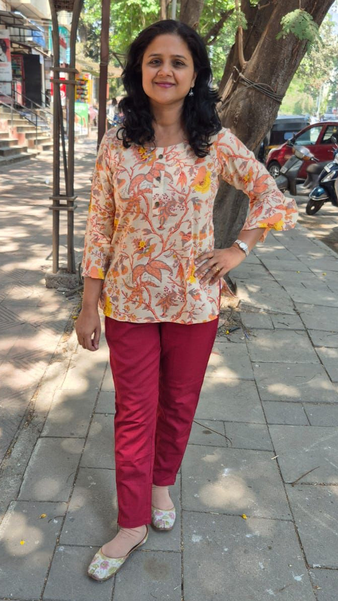 Cream & Pink Printed Cotton Short Top