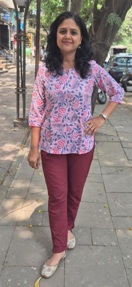 Red & pink Handblock Printed Short Top