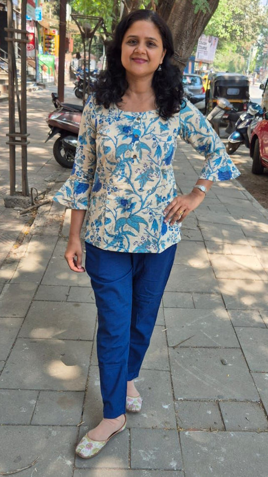 Blue Printed Cotton Short Top