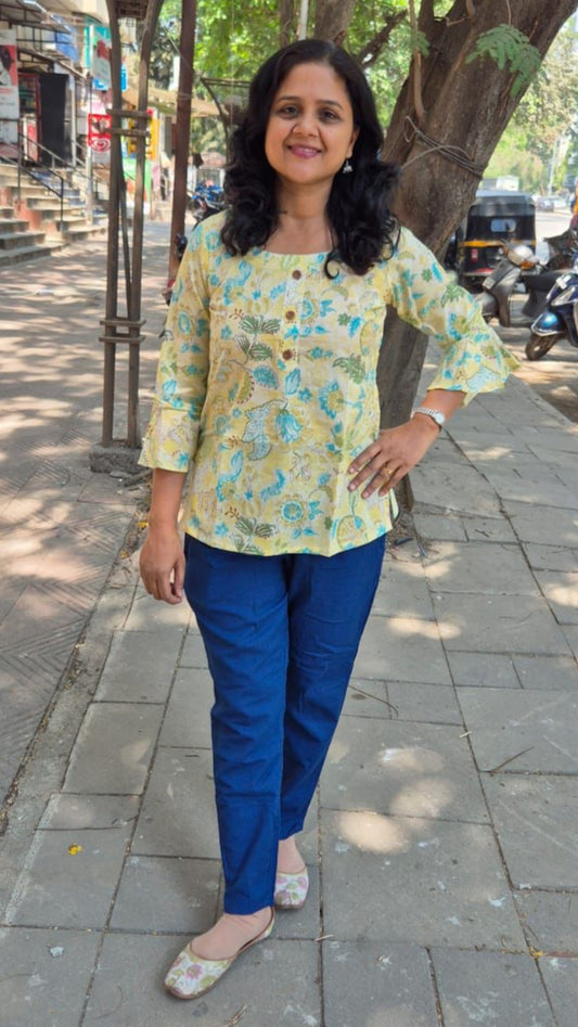 Yellow Printed Cotton Short Top