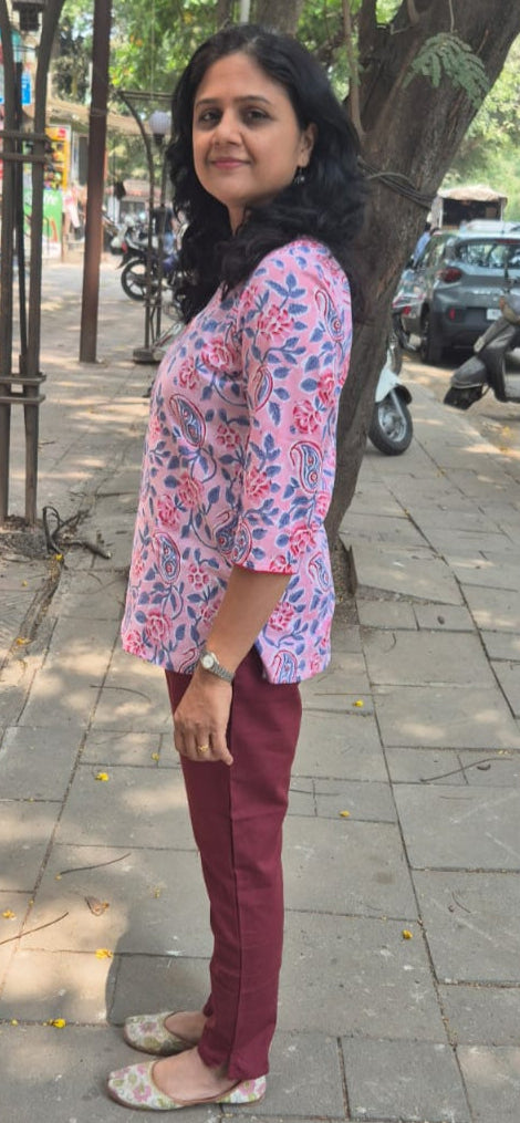 Red & pink Handblock Printed Short Top