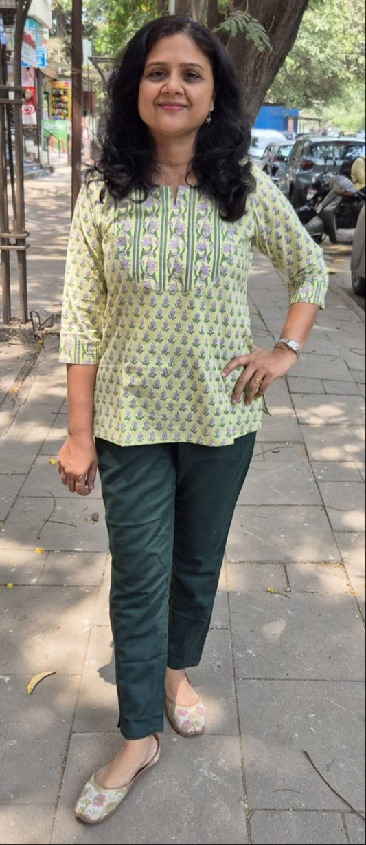 Yellow Handblock  Mul Cotton Short Top