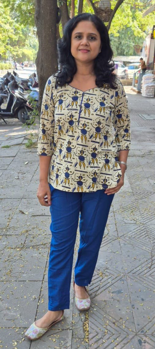 Cream & Blue HandBlock Printed Short Top