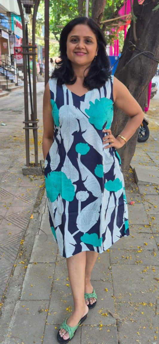 Blue Pure Cotton Sleeveless One Piece