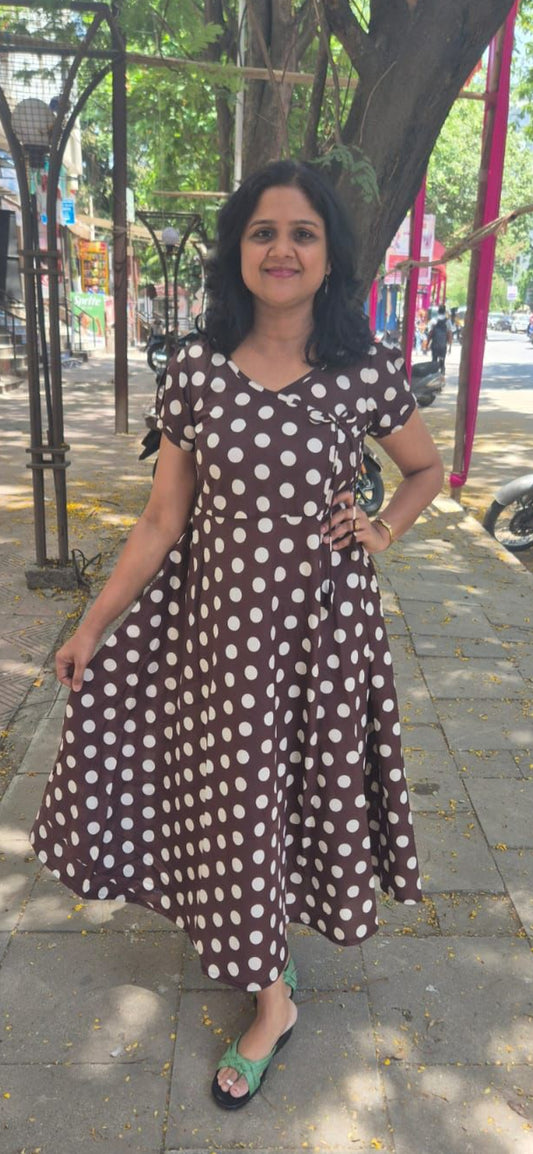 Brown & White Polka Dots Cotton Long One Piece