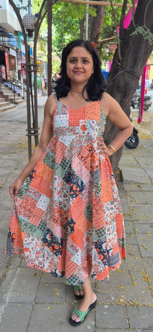 Orange Printed Spaghetti One Piece