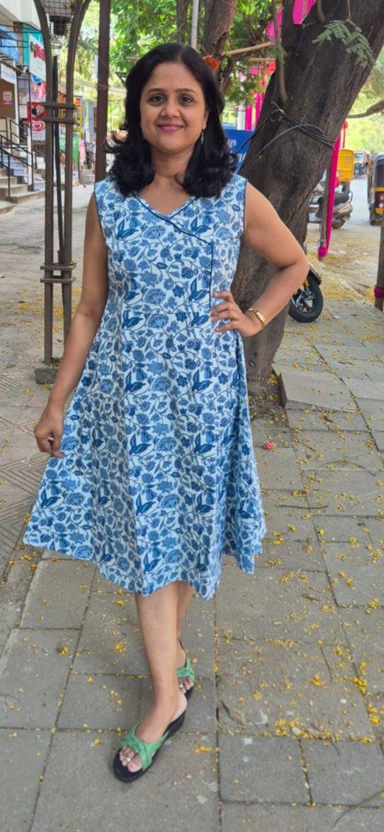 Blue Printed Knee Length One Piece