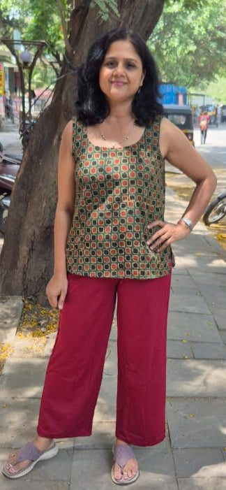 Bottle Green Hand block Kantha Cotton Short Top
