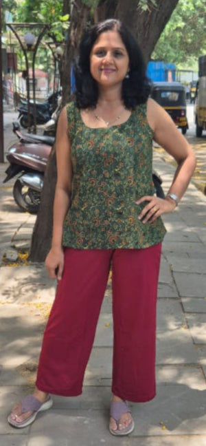 Bottle Green Hand block Kantha Cotton Short Top