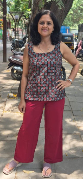 Black Hand block Kantha Cotton Short Top