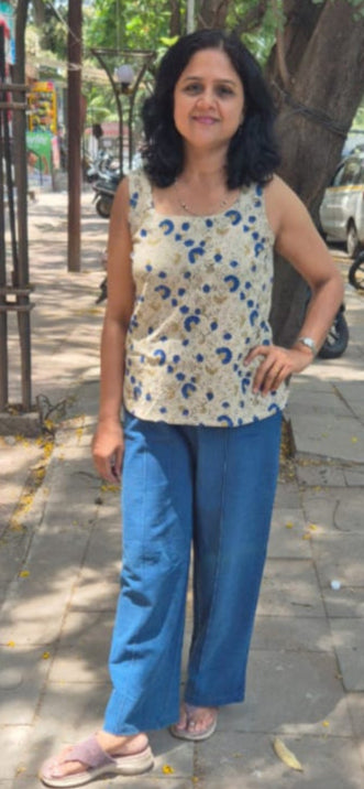 Off White Hand block Kantha Cotton Short Top