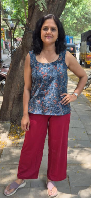 Blue Hand block Kantha Cotton Short Top