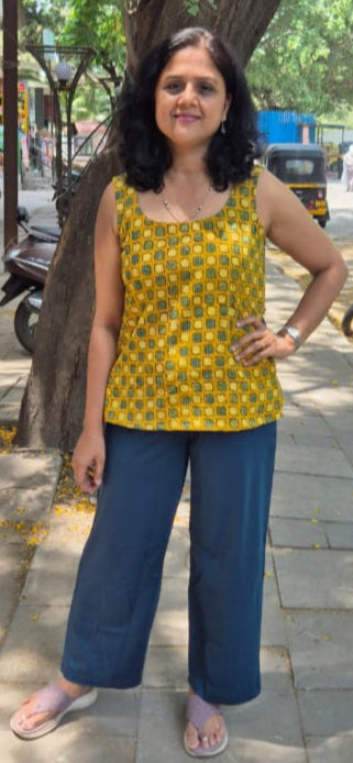 Mustard Yellow Hand block Kantha Cotton Short Top