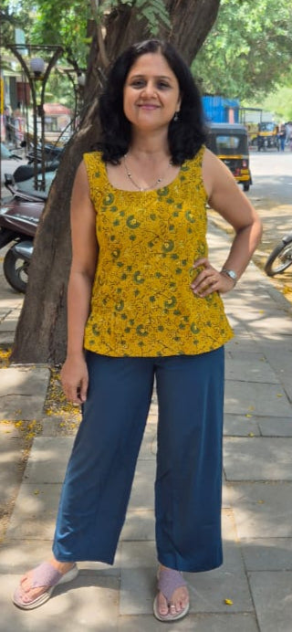Mustard Yellow Hand block Kantha Cotton Short Top