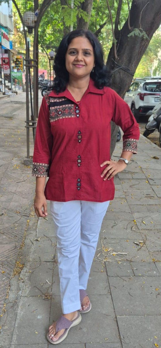 Maroon Pure Cotton Ajrakh  Short Top