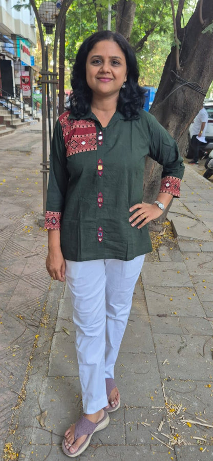 Bottle Green Pure Cotton Ajrakh Short Top