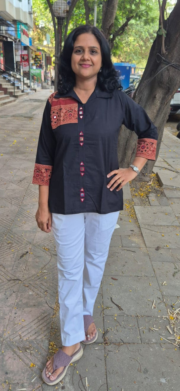 Black Pure Cotton Ajrakh Short Top