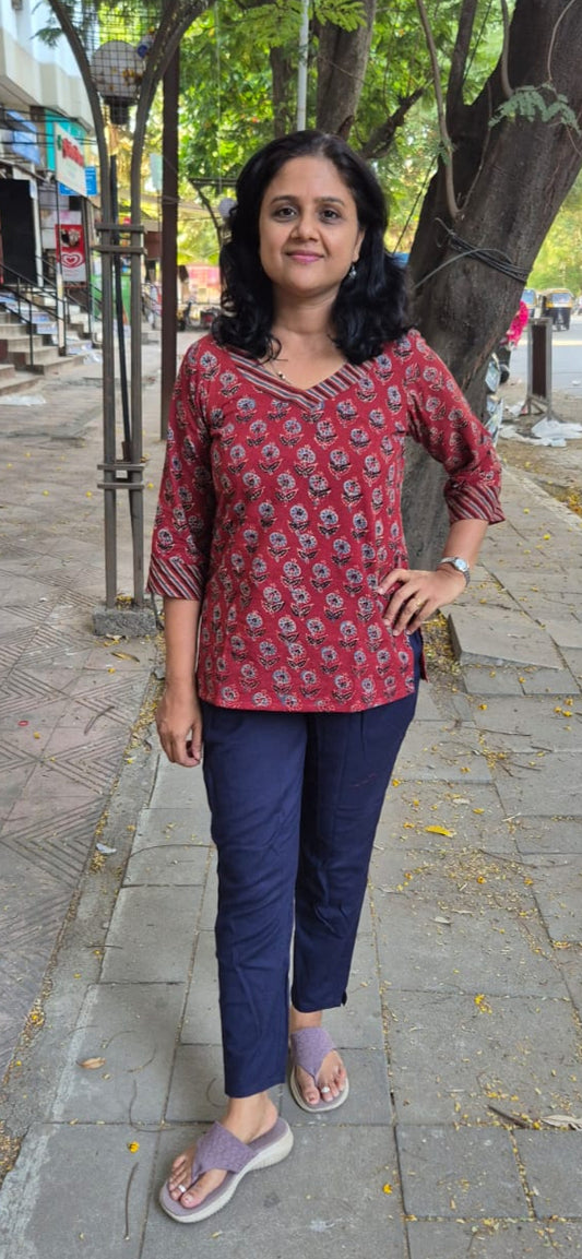 Maroon Ajrakh Cotton Short Top