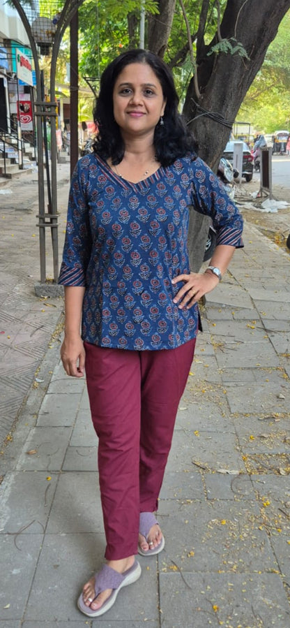 Blue Ajrakh Cotton Short Top