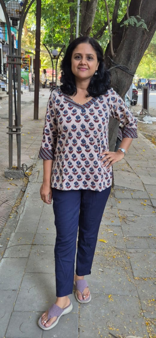 Off White Ajrakh Cotton Short Top