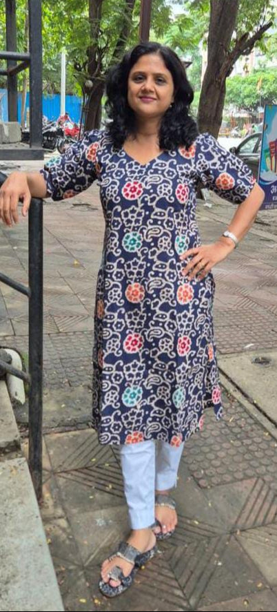 Navy Blue Cotton Batik Kurta
