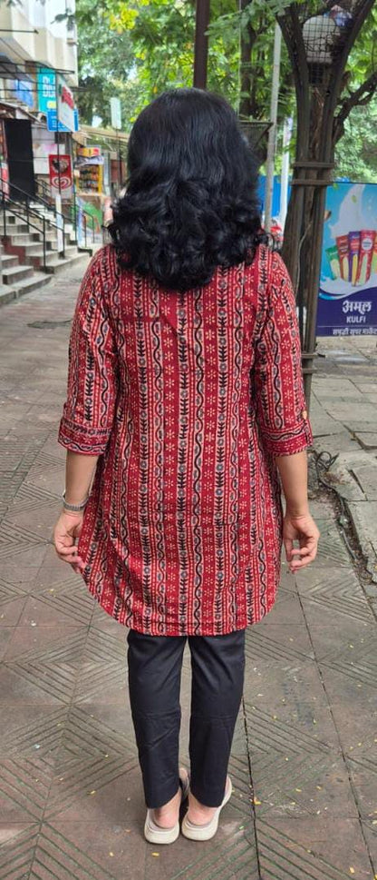 Maroon Ajrakh Knee Length Kurta