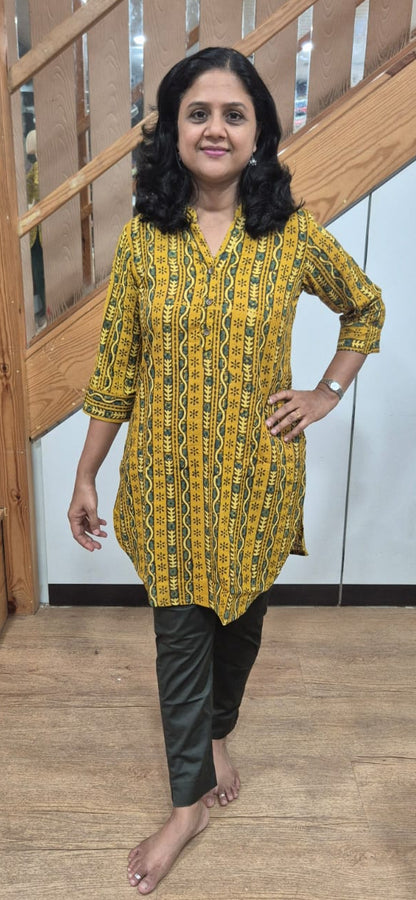 Mustard Yellow Ajrakh Knee Length Kurta