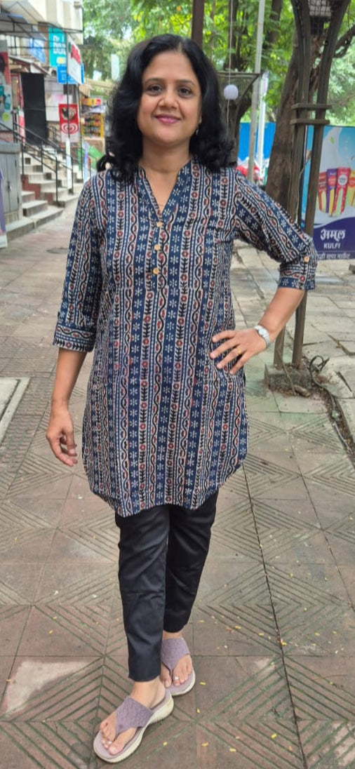 Indigo Ajrakh Knee Length Kurta