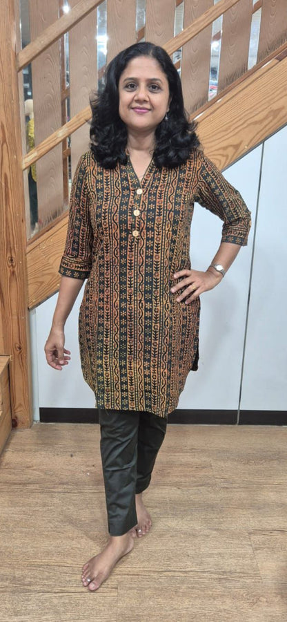 Bottle Green Ajrakh Knee Length Kurta