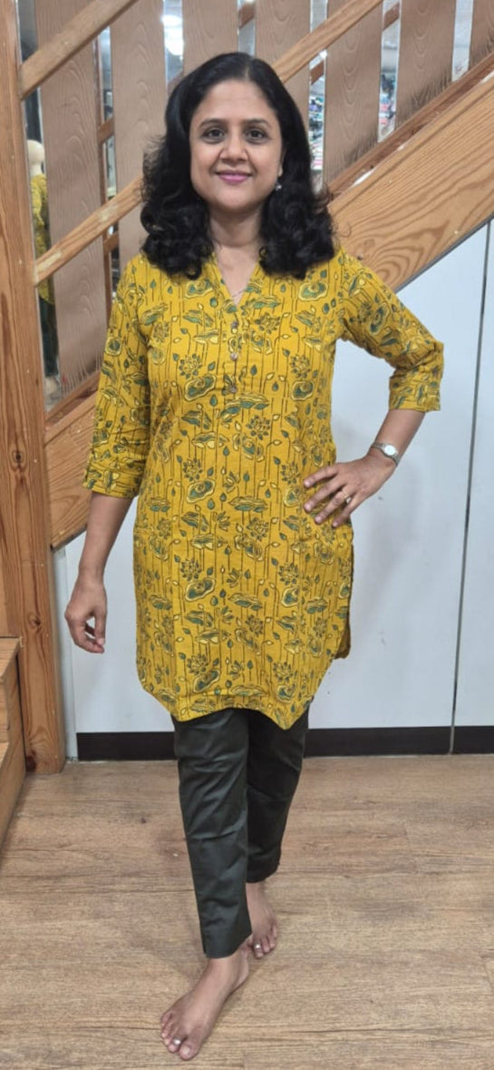 Mustard Yellow Ajrakh Knee Length Kurta