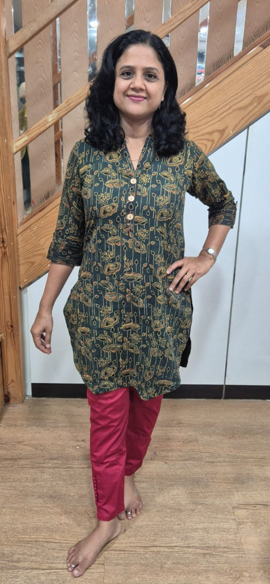 Bottle Green Ajrakh Knee Length Kurta