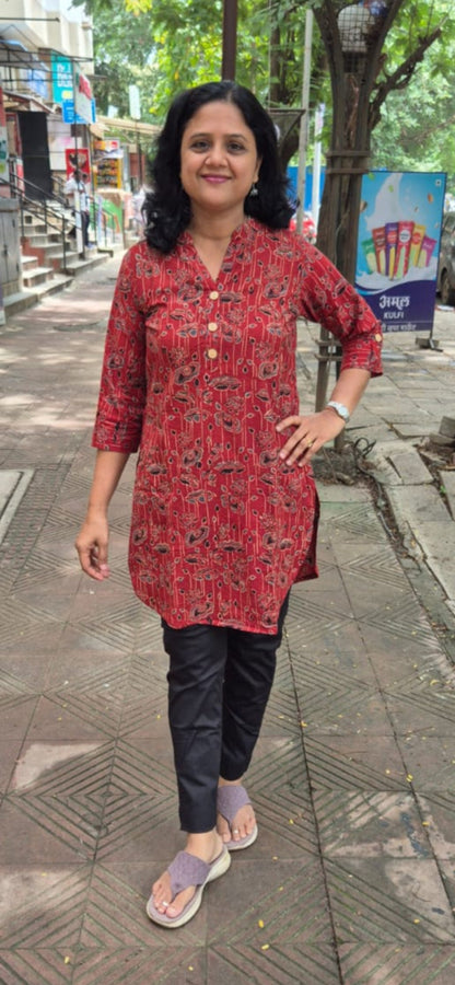 Maroon Ajrakh Knee Length Kurta