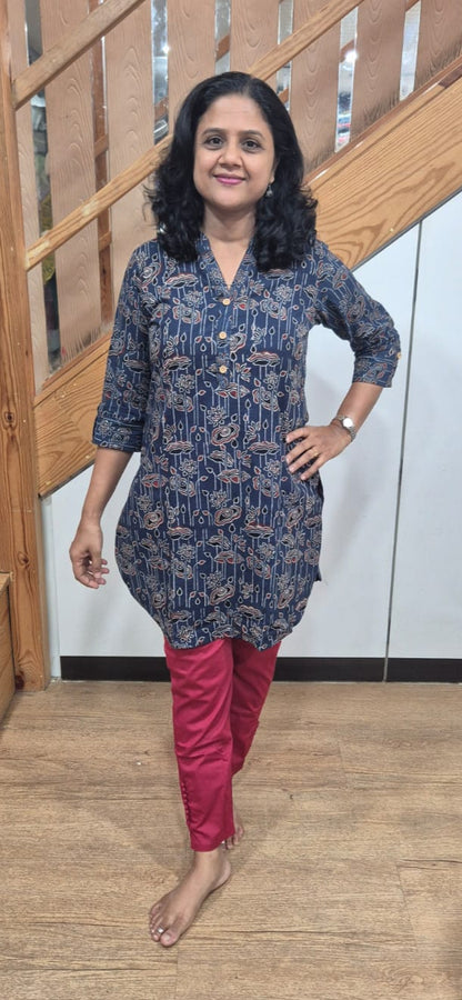 Indigo Ajrakh Knee Length Kurta