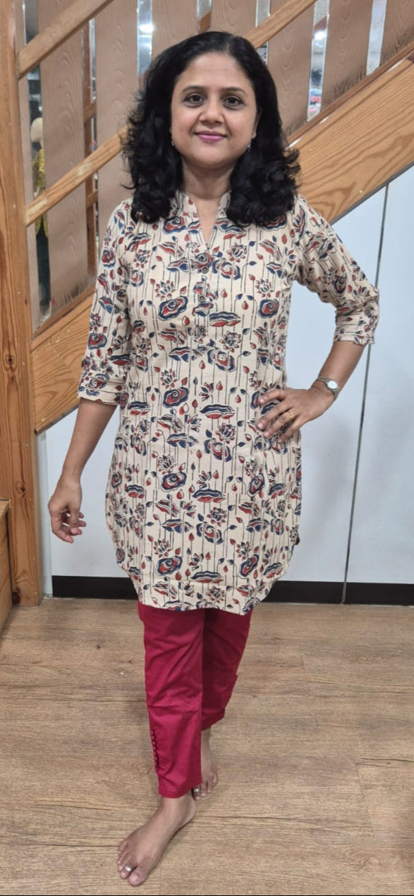 Off White Ajrakh Knee Length Kurta