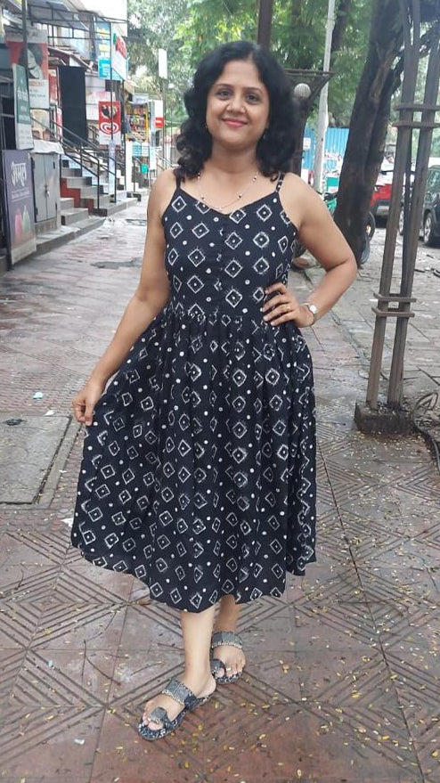 Black Handblock Printed spaghetti one piece with Jacket
