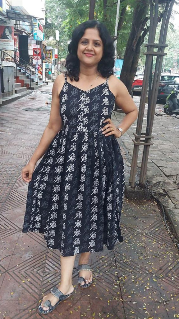Black Handblock Printed spaghetti one piece with Jacket