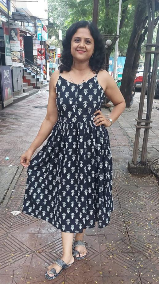 Black Handblock Printed spaghetti one piece with Jacket