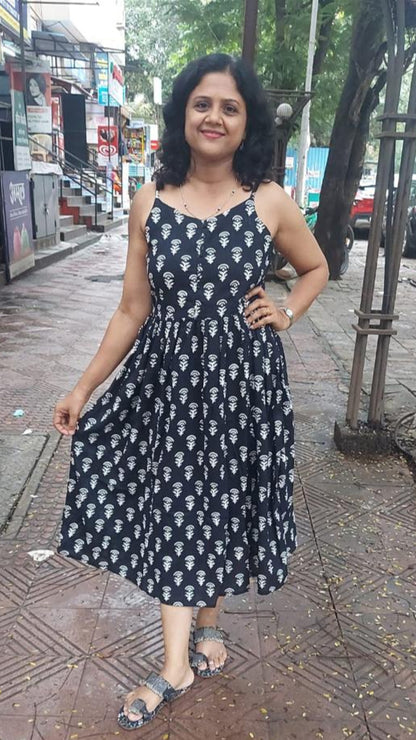 Black Handblock Printed spaghetti one piece with Jacket