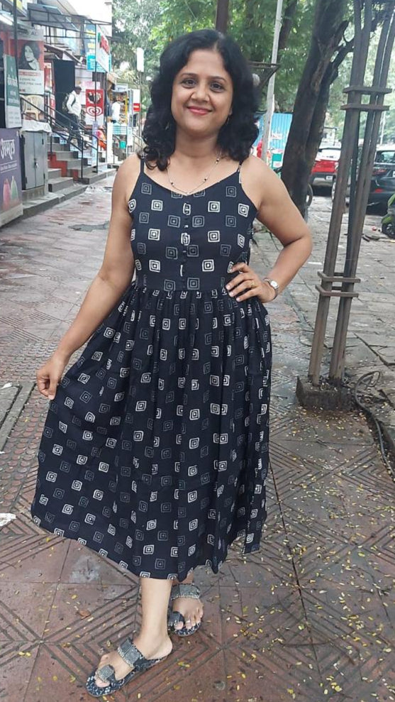 Black Handblock Printed spaghetti one piece with Jacket