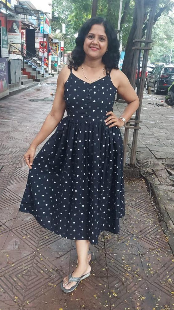 Black Handblock Printed spaghetti one piece with Jacket